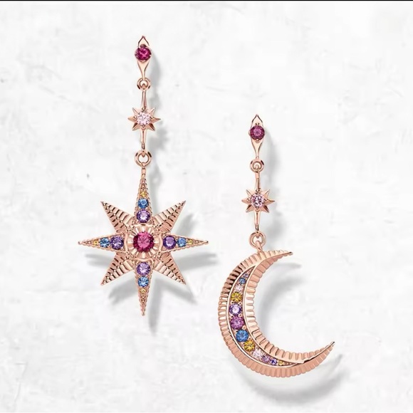 NWOT crescent moon and star dangle earrings, Sterling silver 18k rose gold plt - Picture 1 of 17